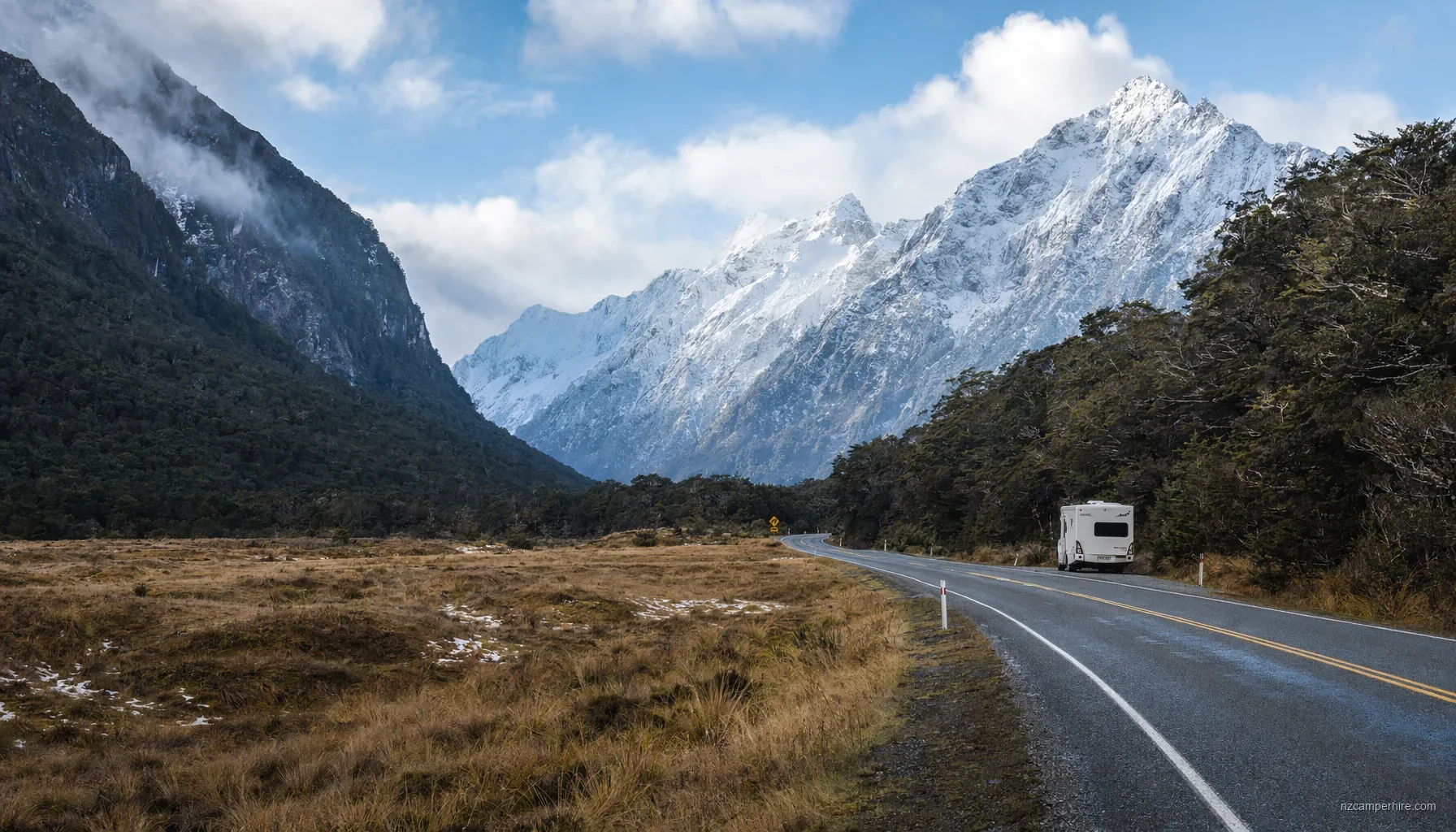 NZ motorhome travel in Milford Sound during August