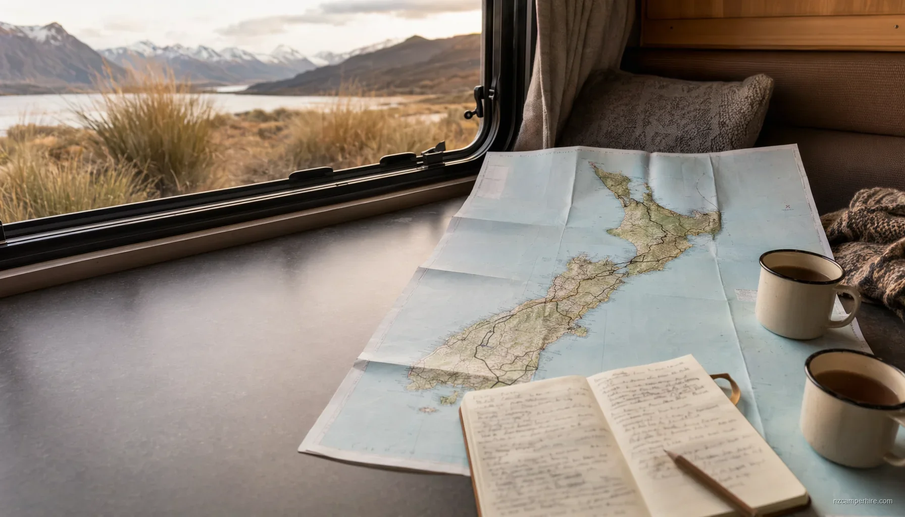 A NZ motorhome on a quiet South Island road with mountains behind
