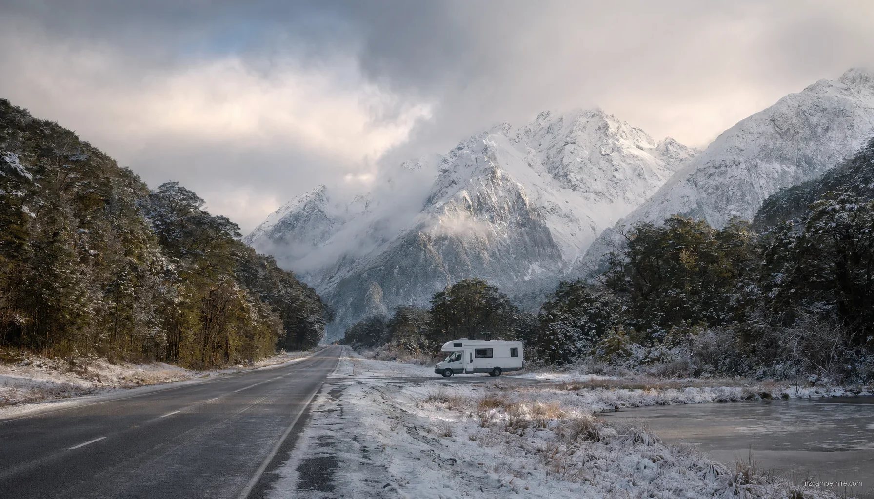 NZ motorhome travel in Milford Sound during July