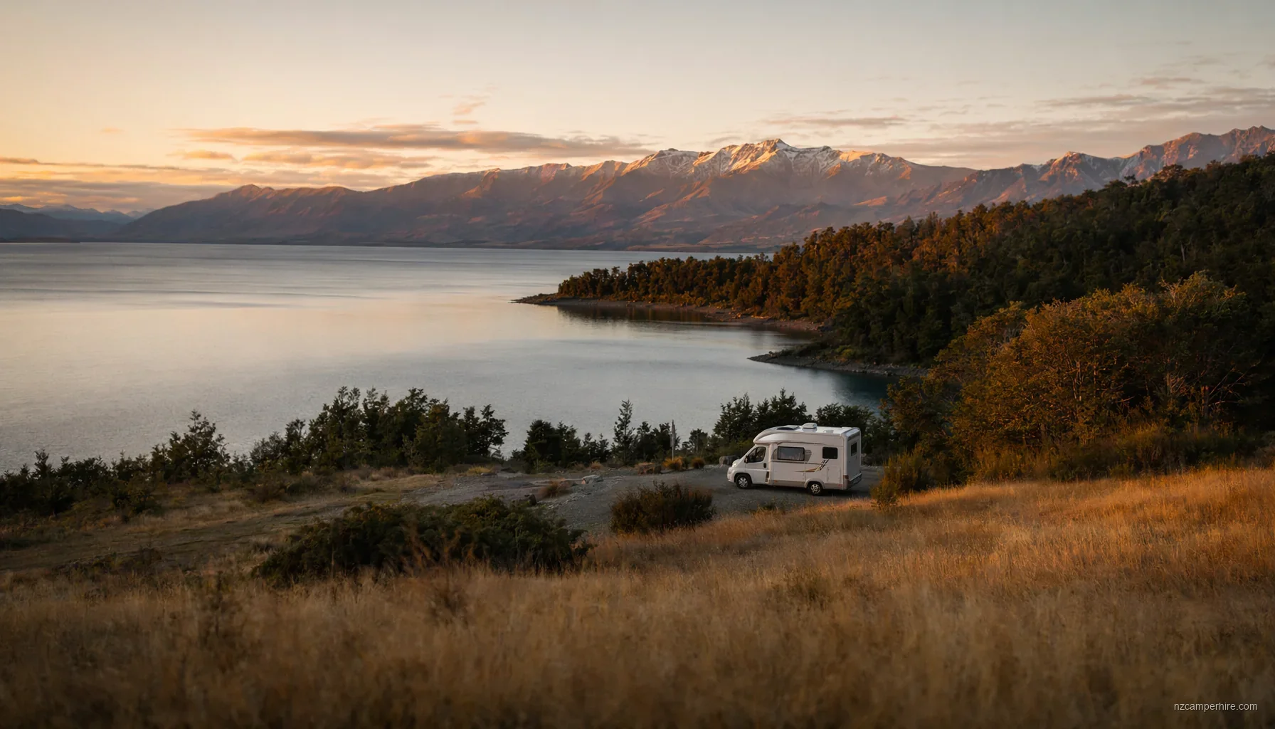 A motorhome parked at a quiet NZ lakeside campsite at dusk