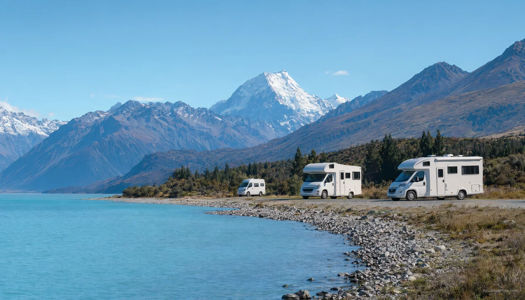 A 2-berth NZ campervan at a South Island lakeside