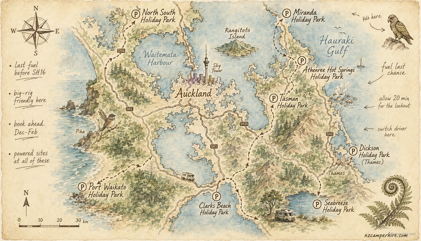 Hand-drawn map of holiday parks in Auckland