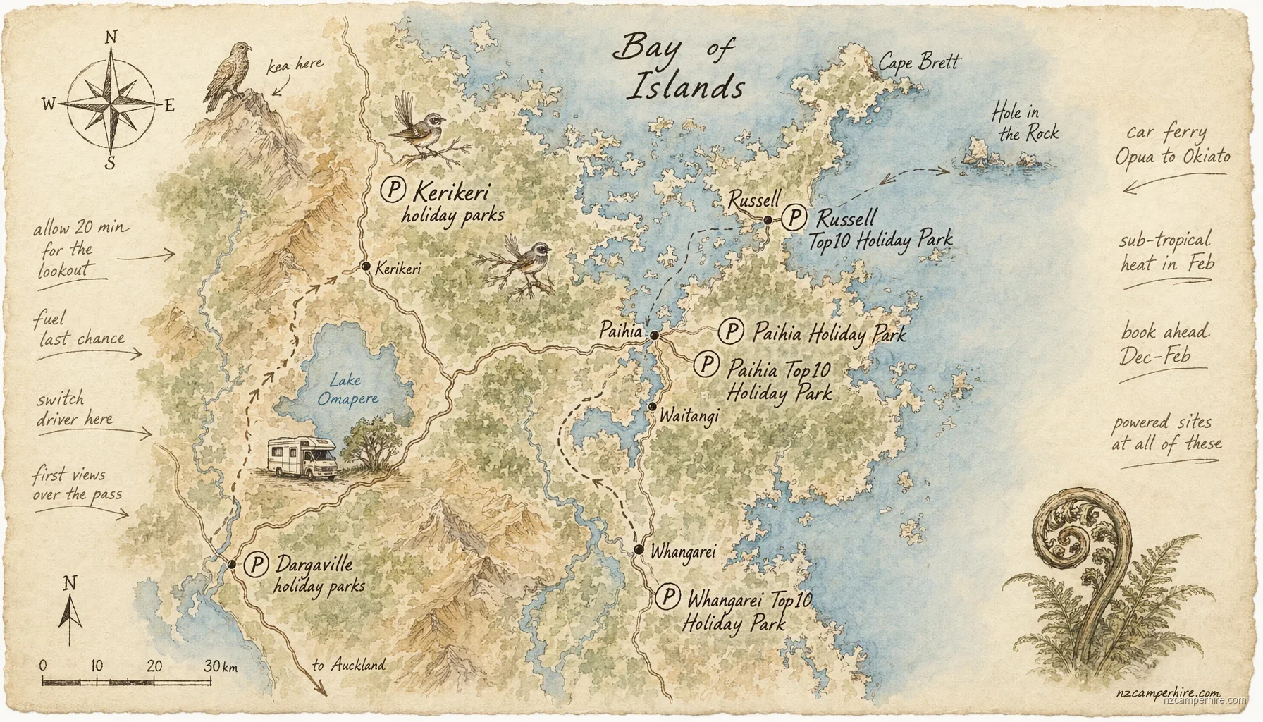 Hand-drawn map of holiday parks in Bay of Islands