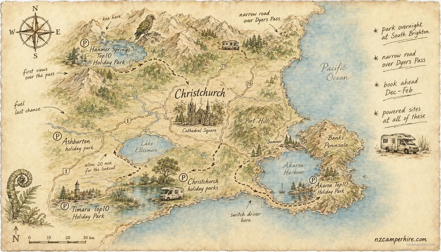 Hand-drawn map of holiday parks in Christchurch