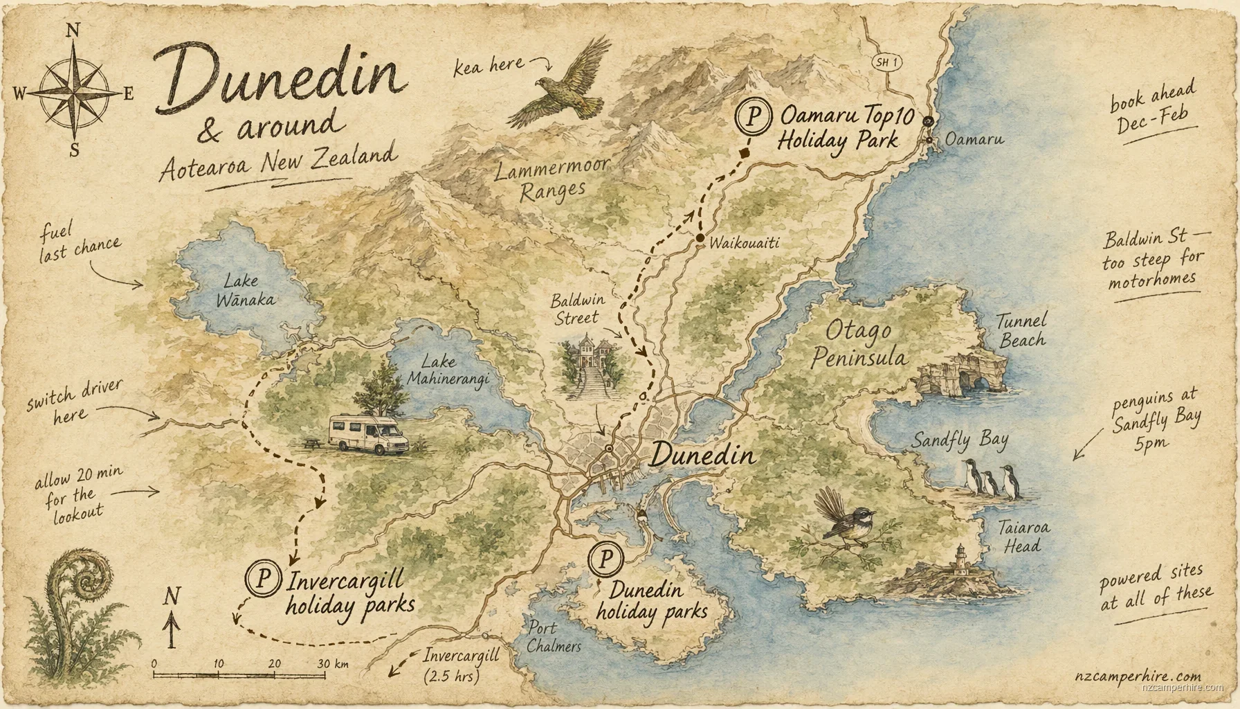 Hand-drawn map of holiday parks in Dunedin