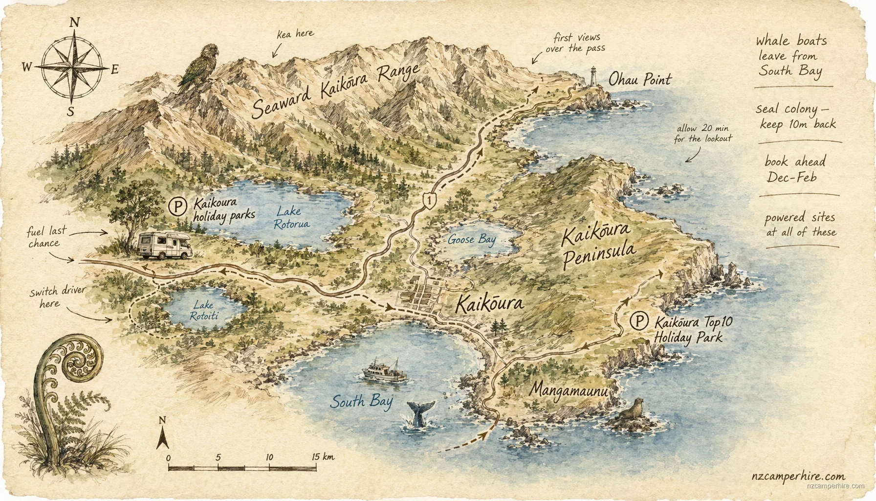 Hand-drawn map of holiday parks in Kaikoura