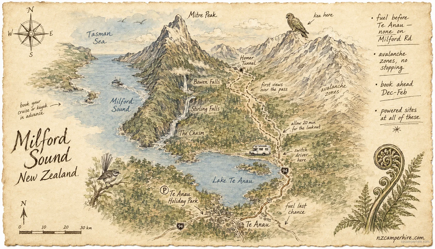 Hand-drawn map of holiday parks in Milford Sound