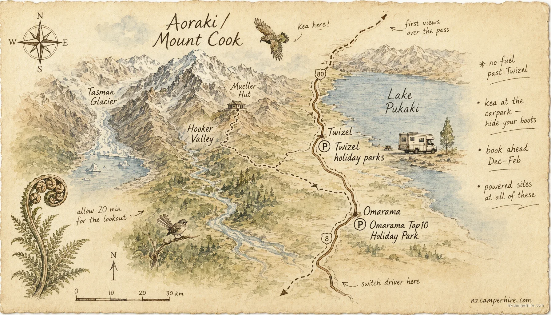 Hand-drawn map of holiday parks in Mount Cook / Aoraki