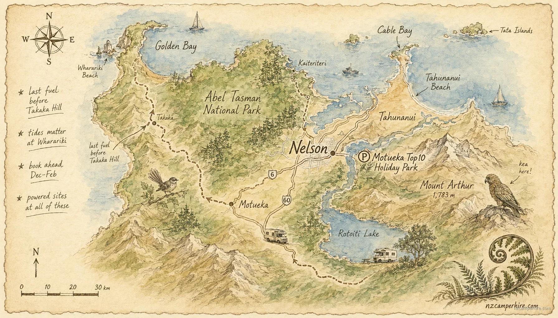 Hand-drawn map of holiday parks in Nelson
