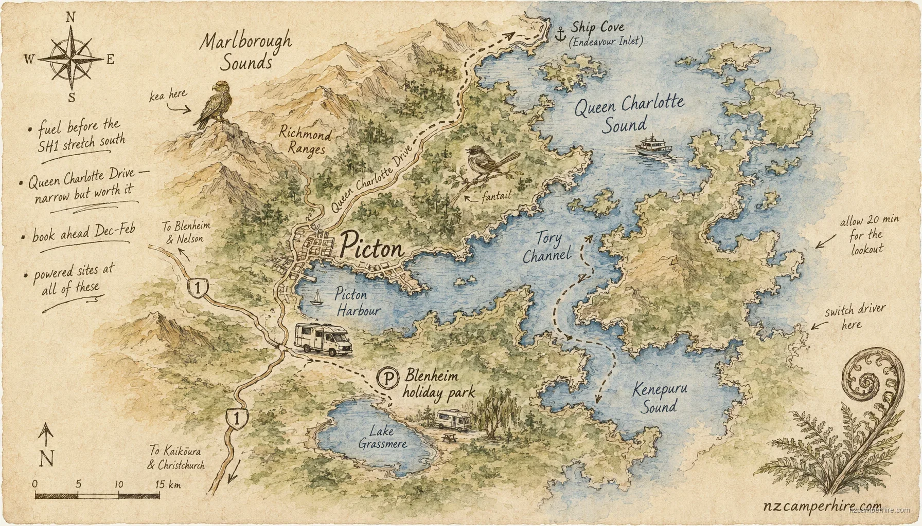 Hand-drawn map of holiday parks in Picton