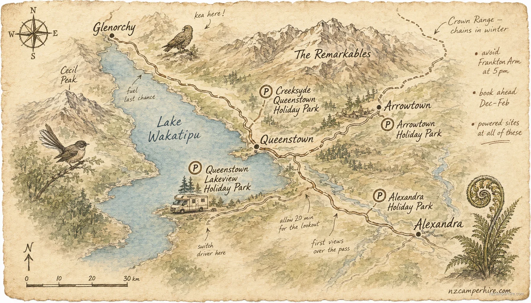 Hand-drawn map of holiday parks in Queenstown