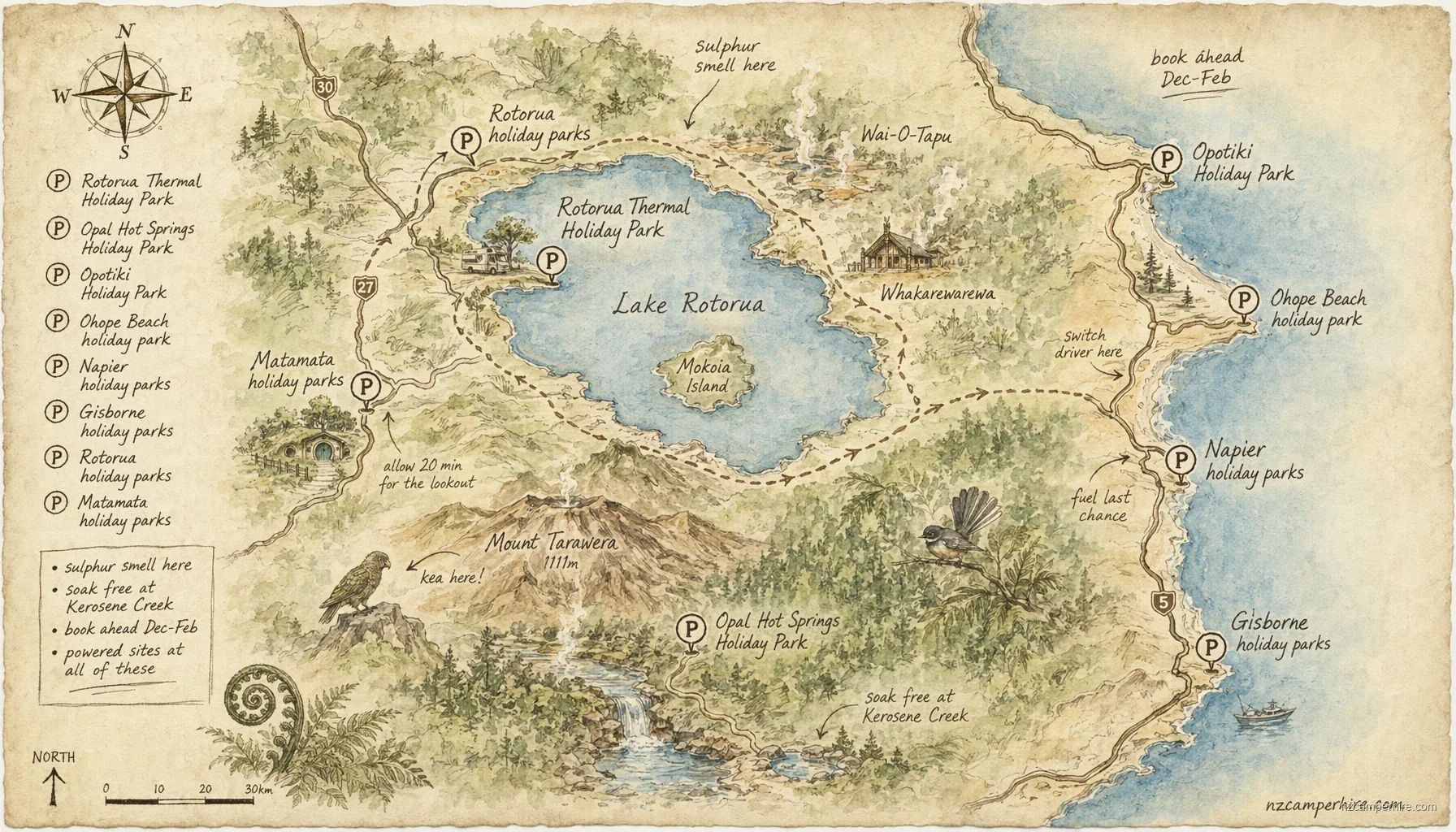 Hand-drawn map of holiday parks in Rotorua