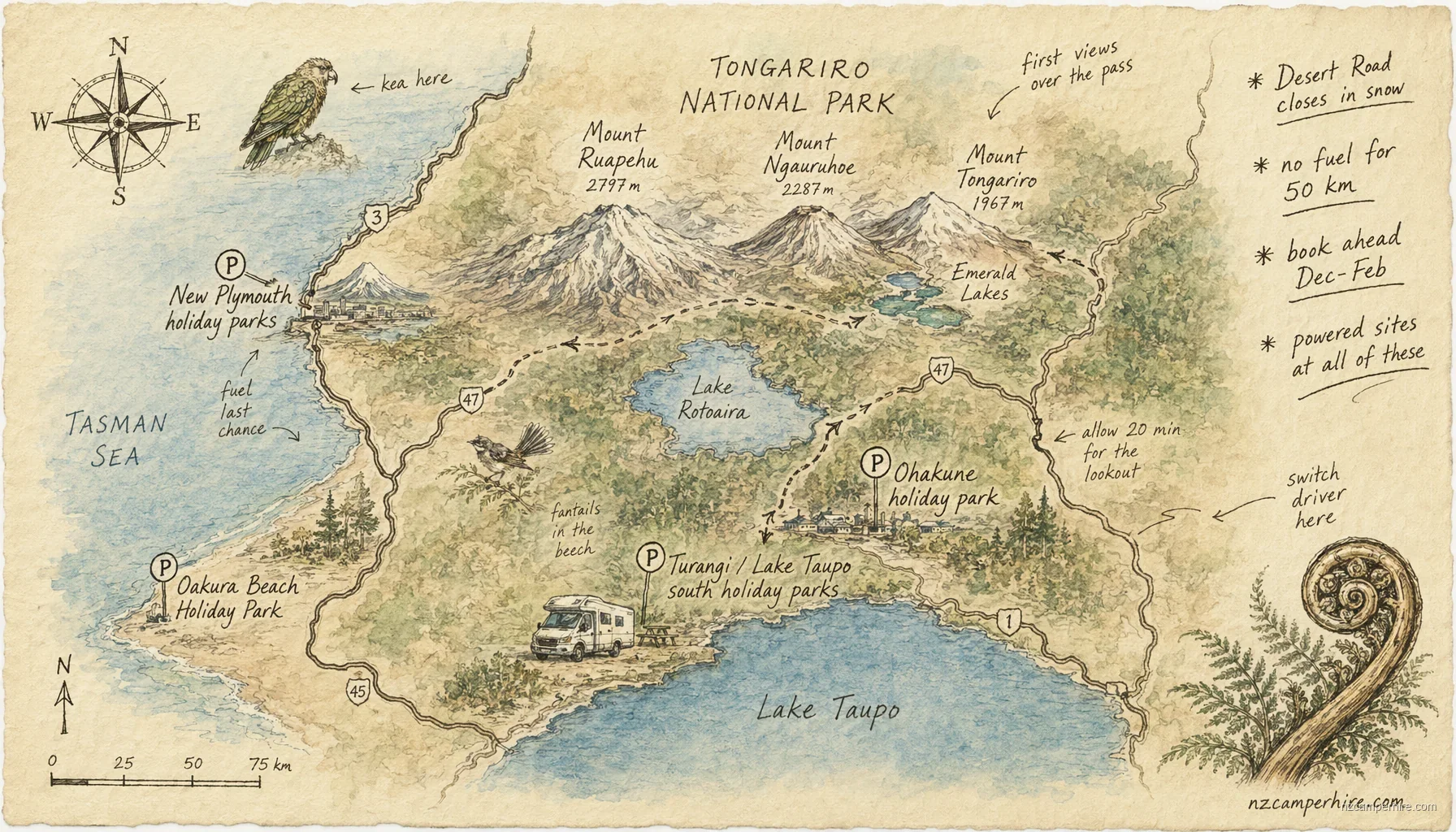 Hand-drawn map of holiday parks in Tongariro National Park