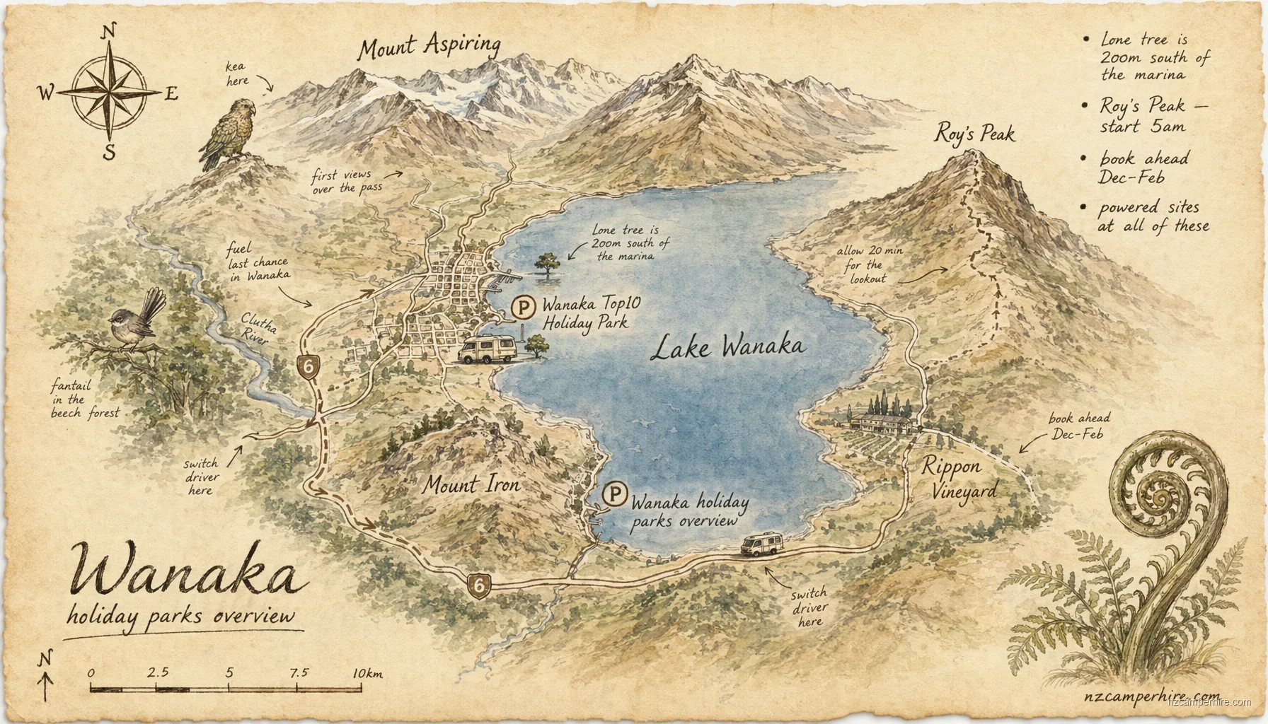 Hand-drawn map of holiday parks in Wanaka