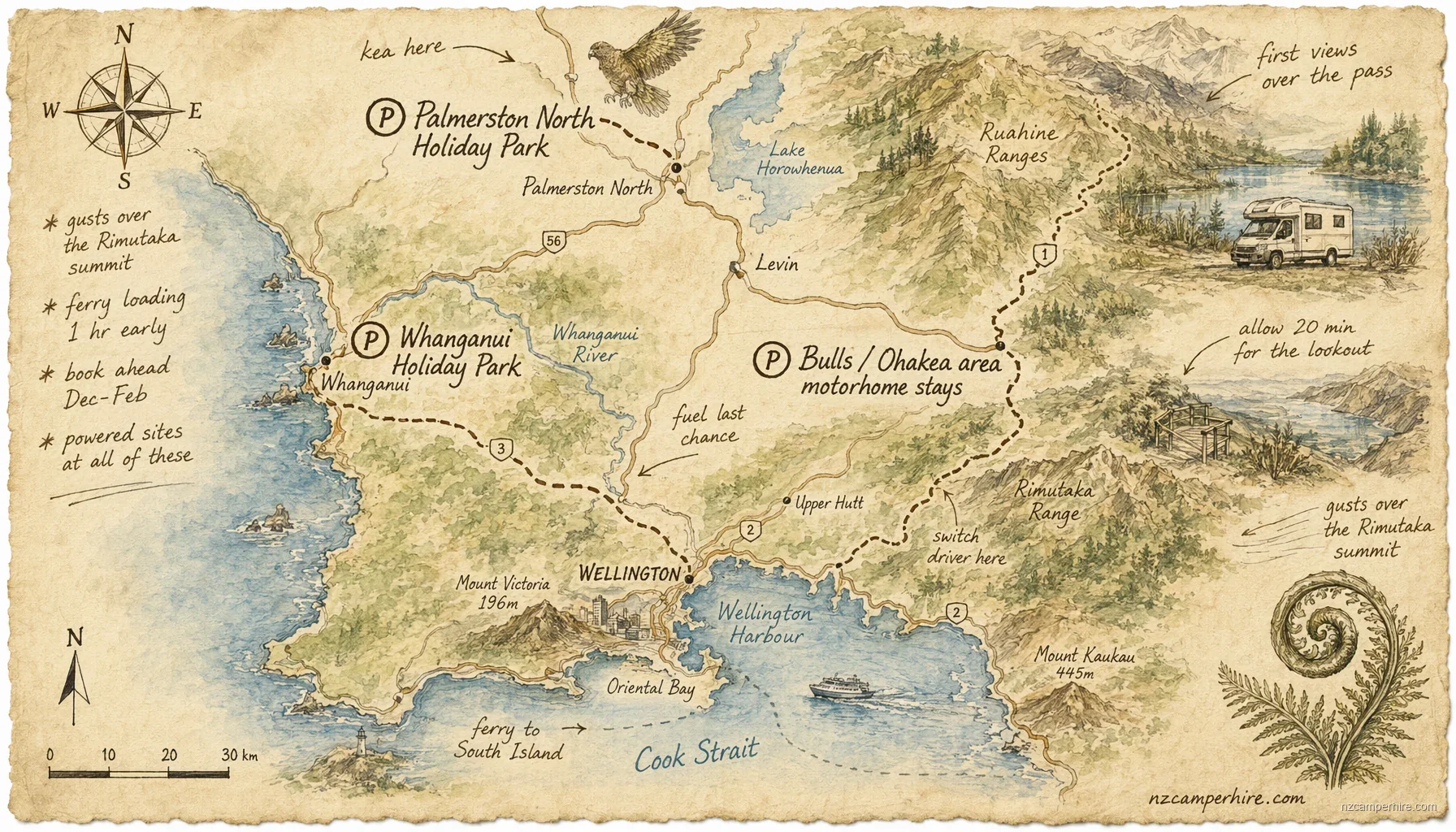 Hand-drawn map of holiday parks in Wellington