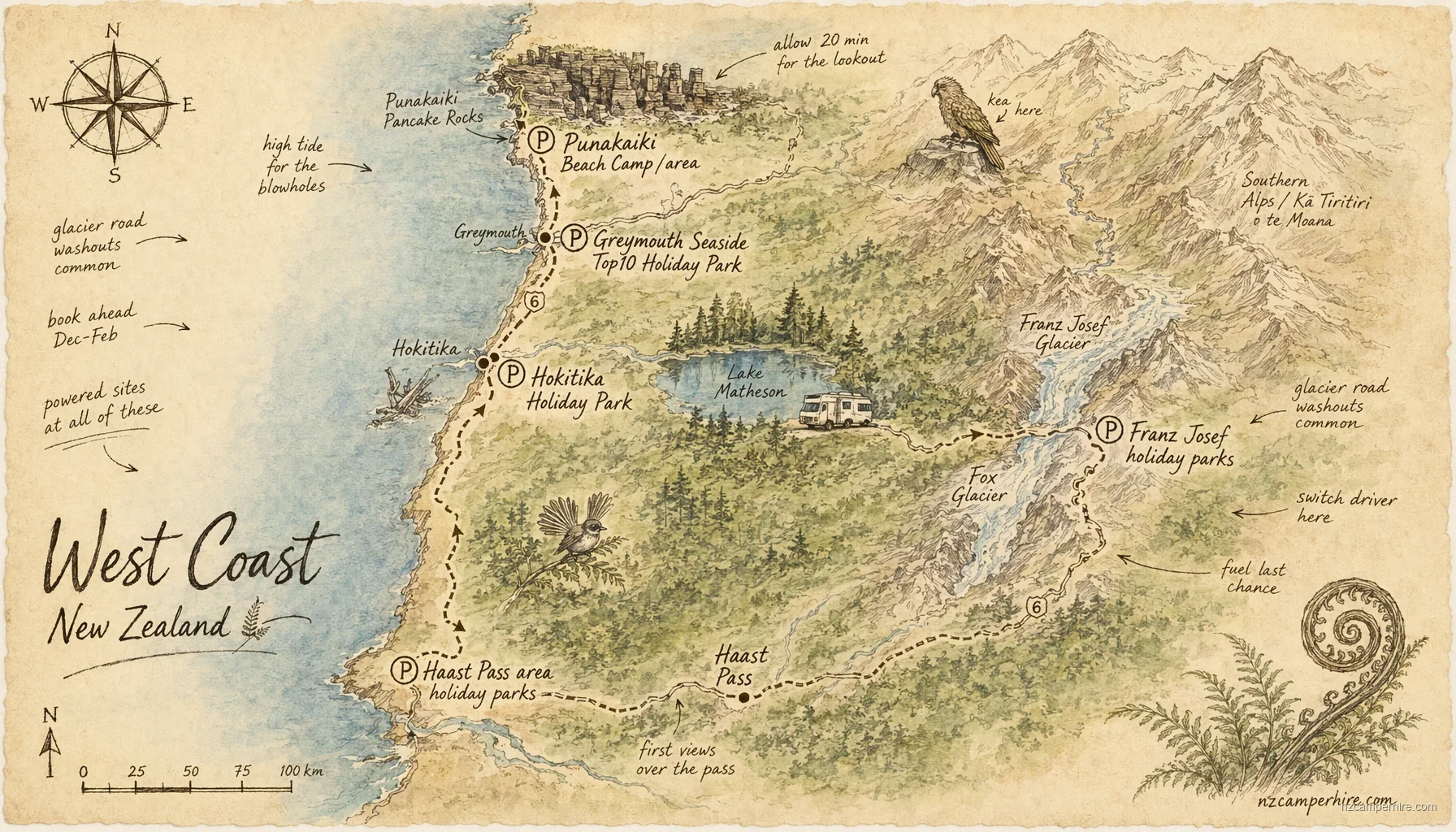 Hand-drawn map of holiday parks in West Coast