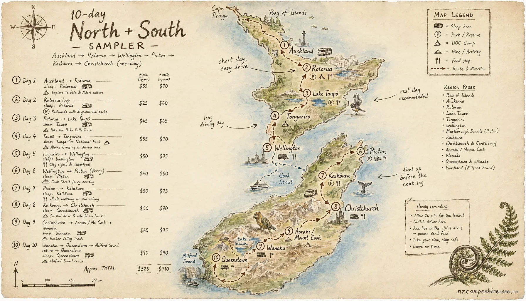 Hand-drawn map for 10-day North + South sampler