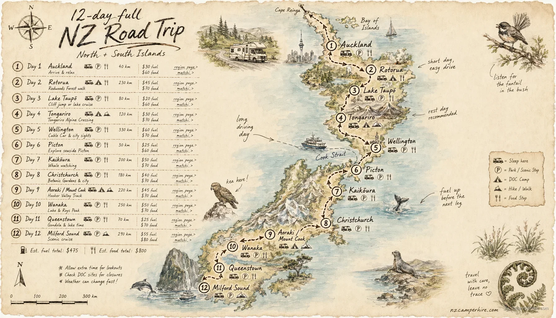 Hand-drawn map for 12-day full NZ road trip