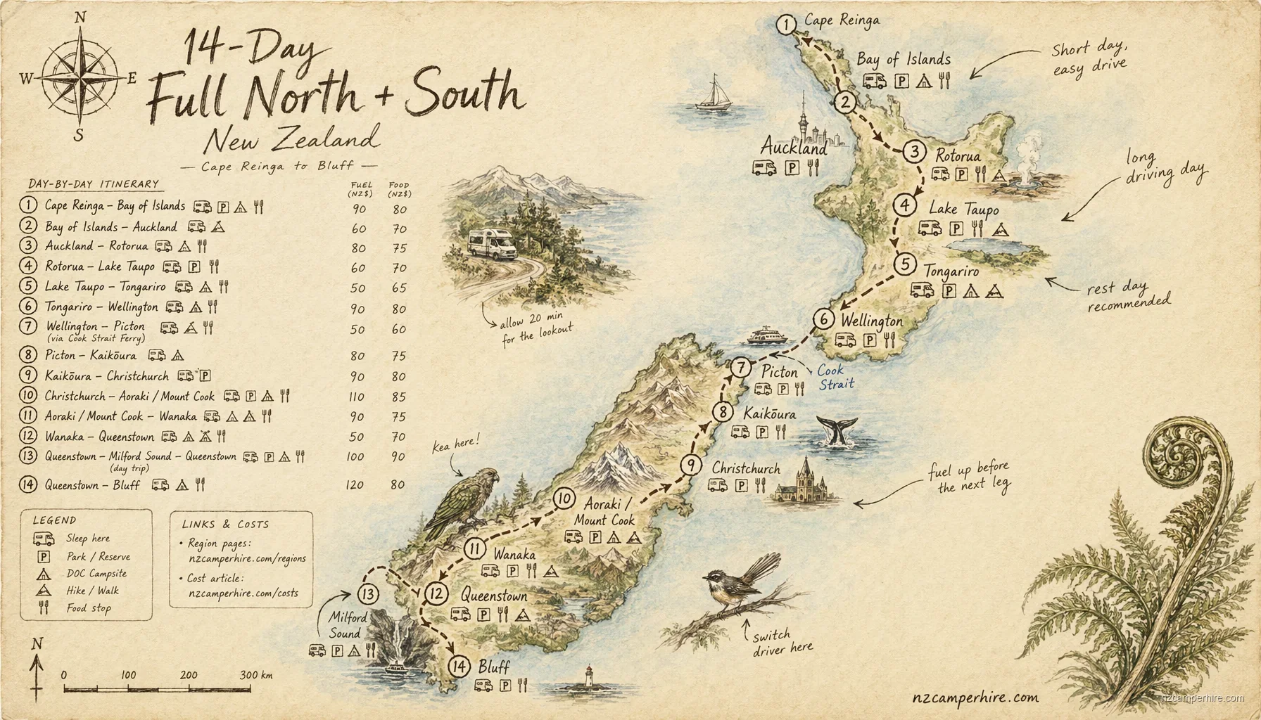 Hand-drawn map for 14-day full North + South