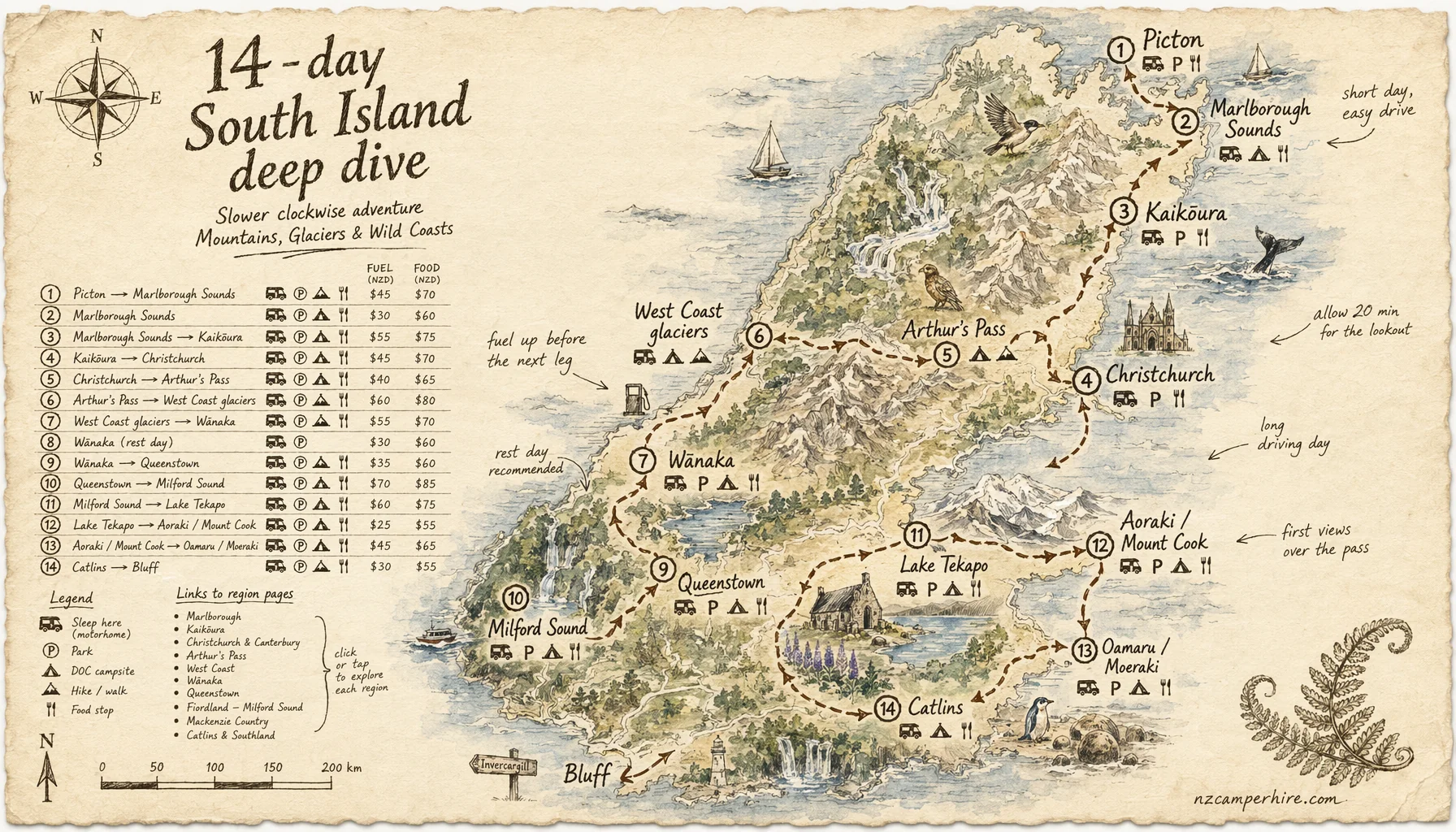 Hand-drawn map for 14-day South Island deep dive