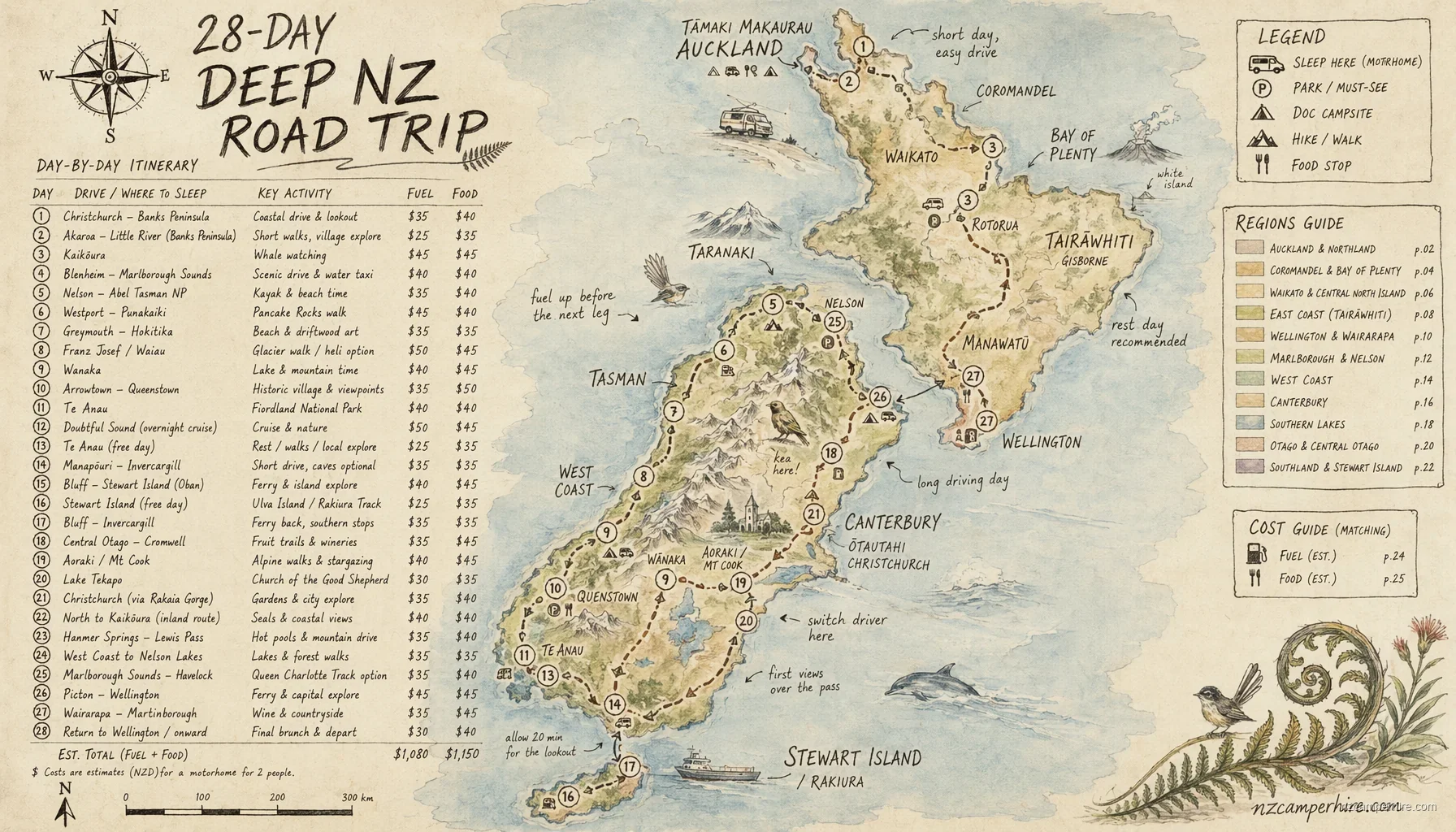 Hand-drawn map for 28-day deep NZ road trip