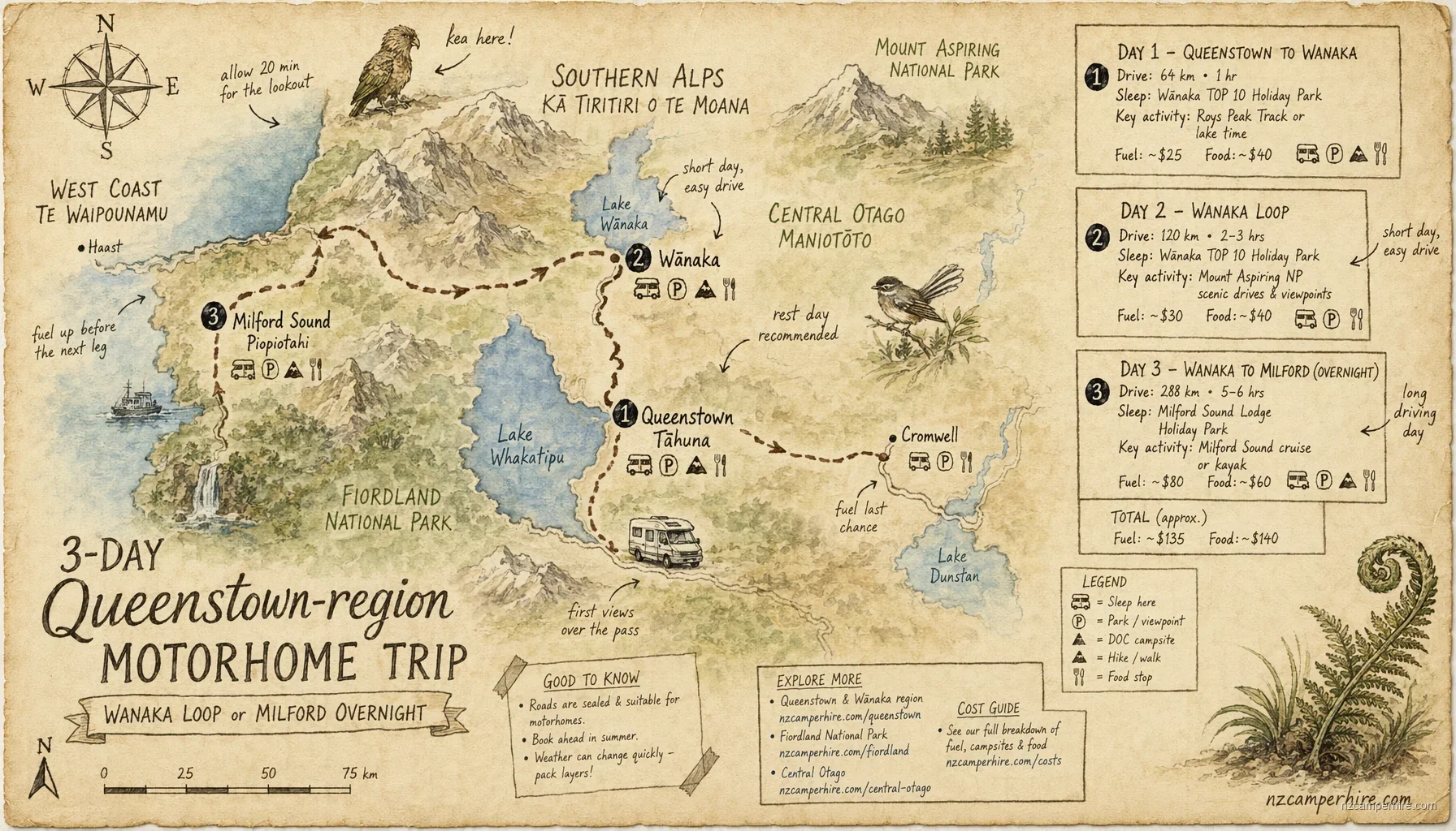 Hand-drawn map for 3-day Queenstown-region motorhome trip