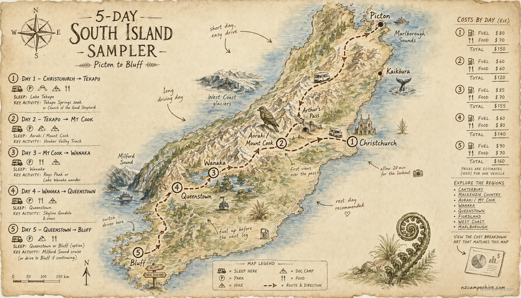 Hand-drawn map for 5-day South Island sampler