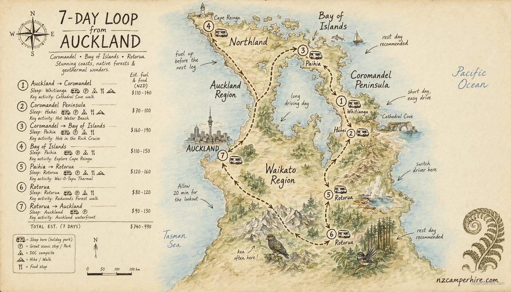 Hand-drawn map for 7-day loop from Auckland