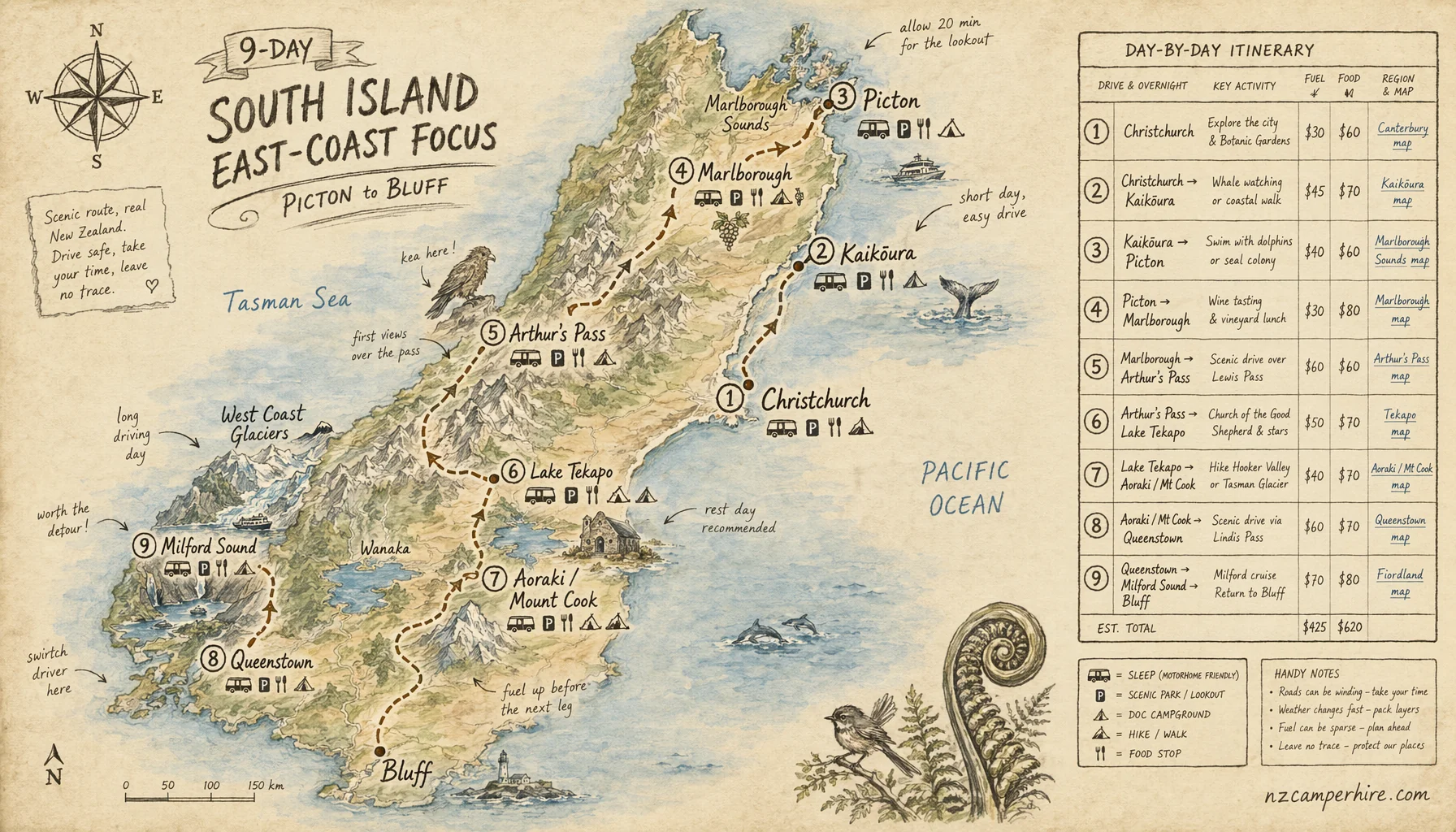 Hand-drawn map for 9-day South Island east-coast focus