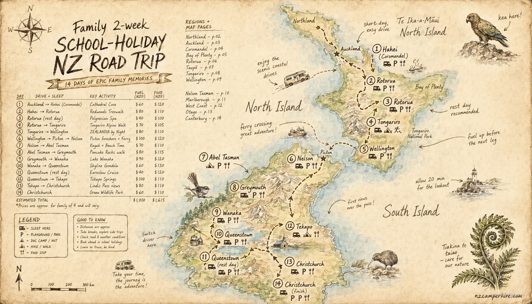 Hand-drawn map for Family 2-week school-holiday NZ road trip