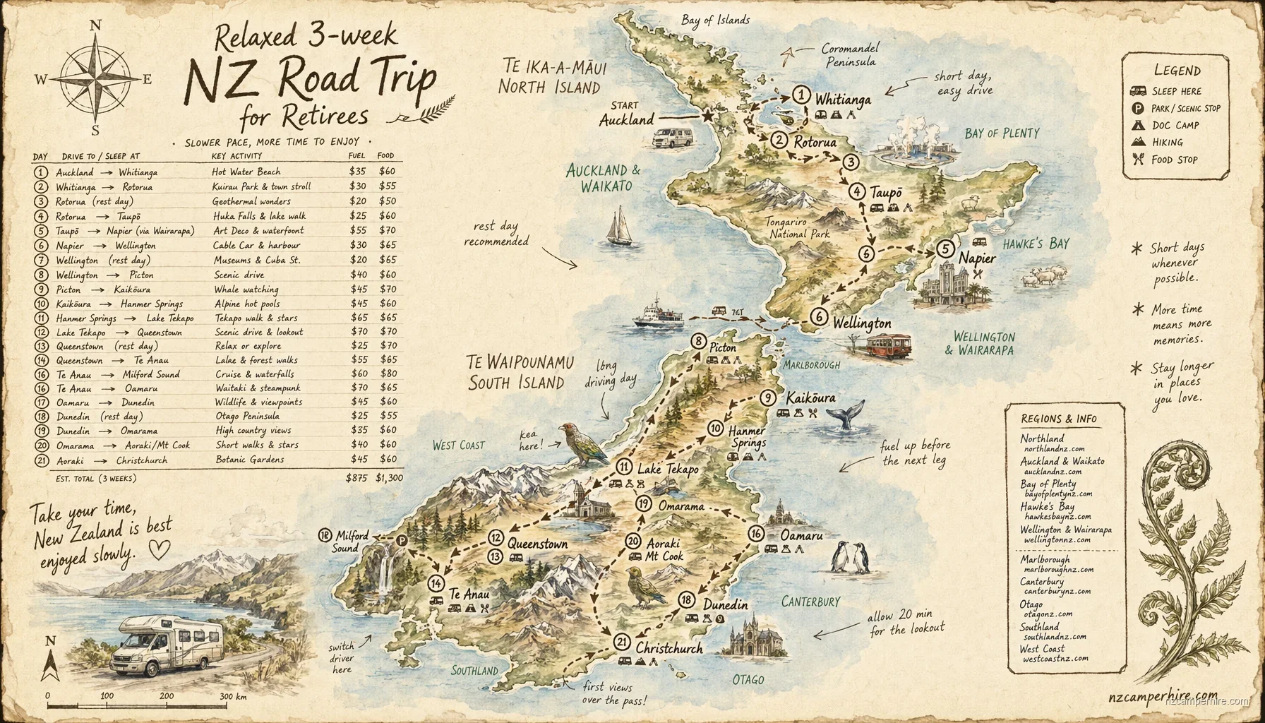 Hand-drawn map for Relaxed 3-week NZ road trip for retirees