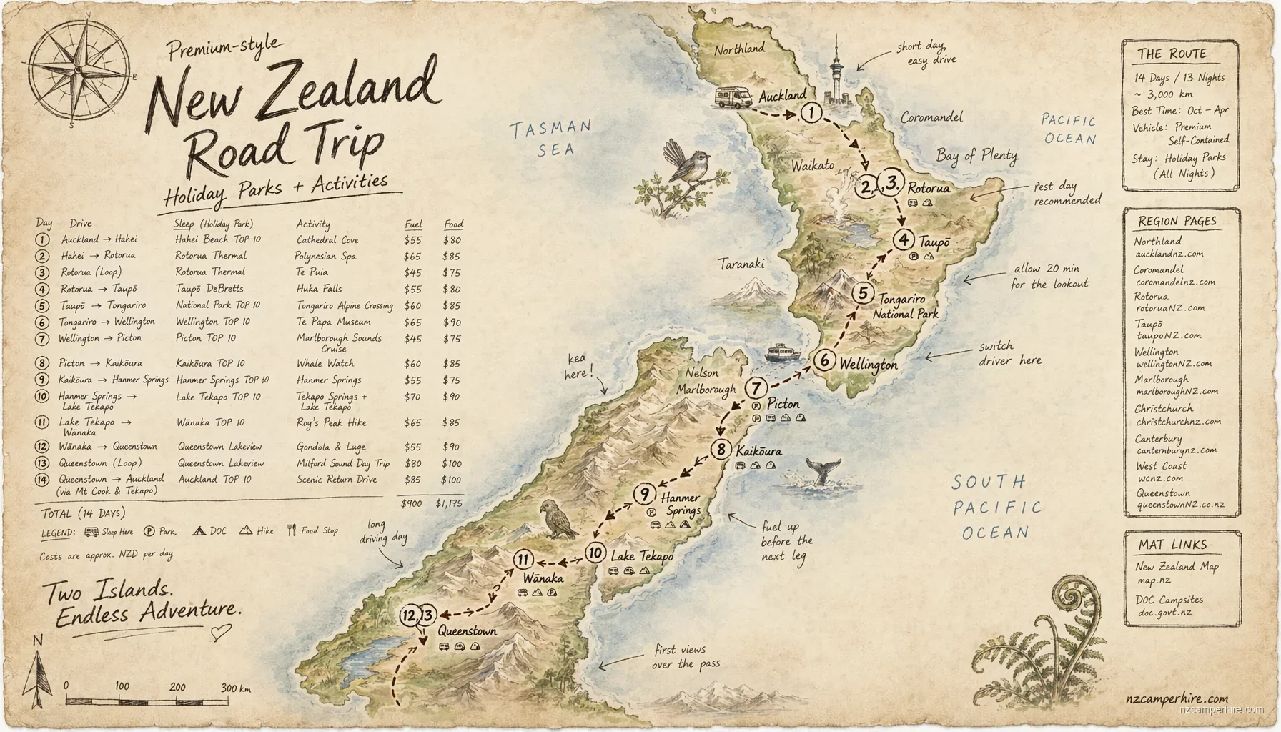 Hand-drawn map for Premium-style NZ road trip (holiday parks + activities)