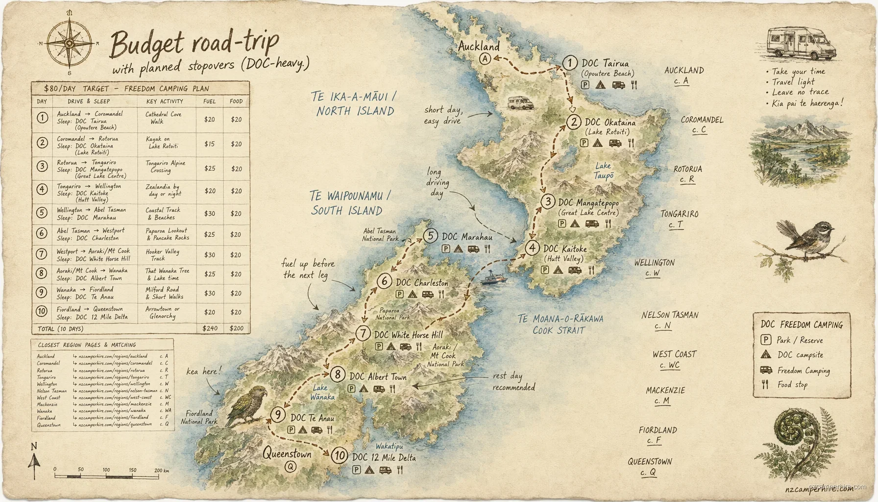 Hand-drawn map for Budget road-trip with planned stopovers (DOC-heavy)