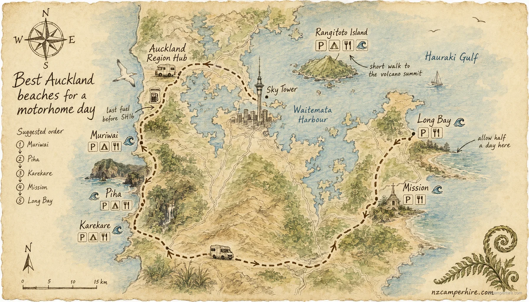 Hand-drawn map of best beaches in Auckland