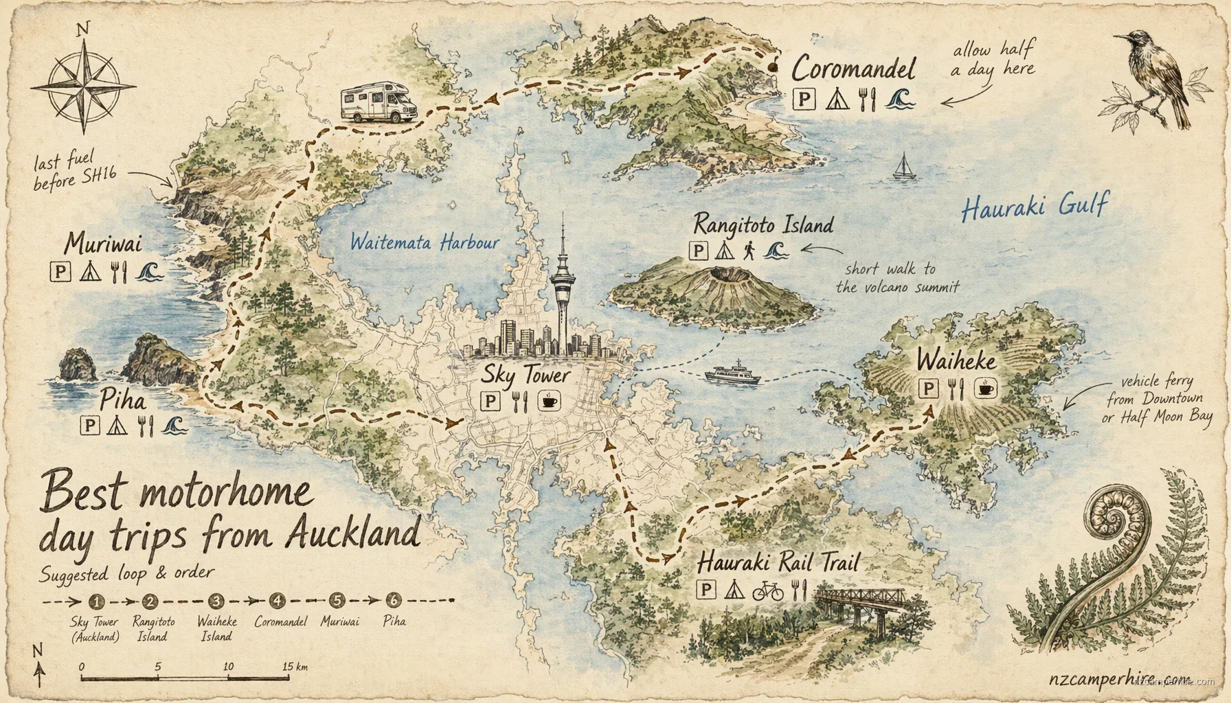 Hand-drawn map of day trips in Auckland