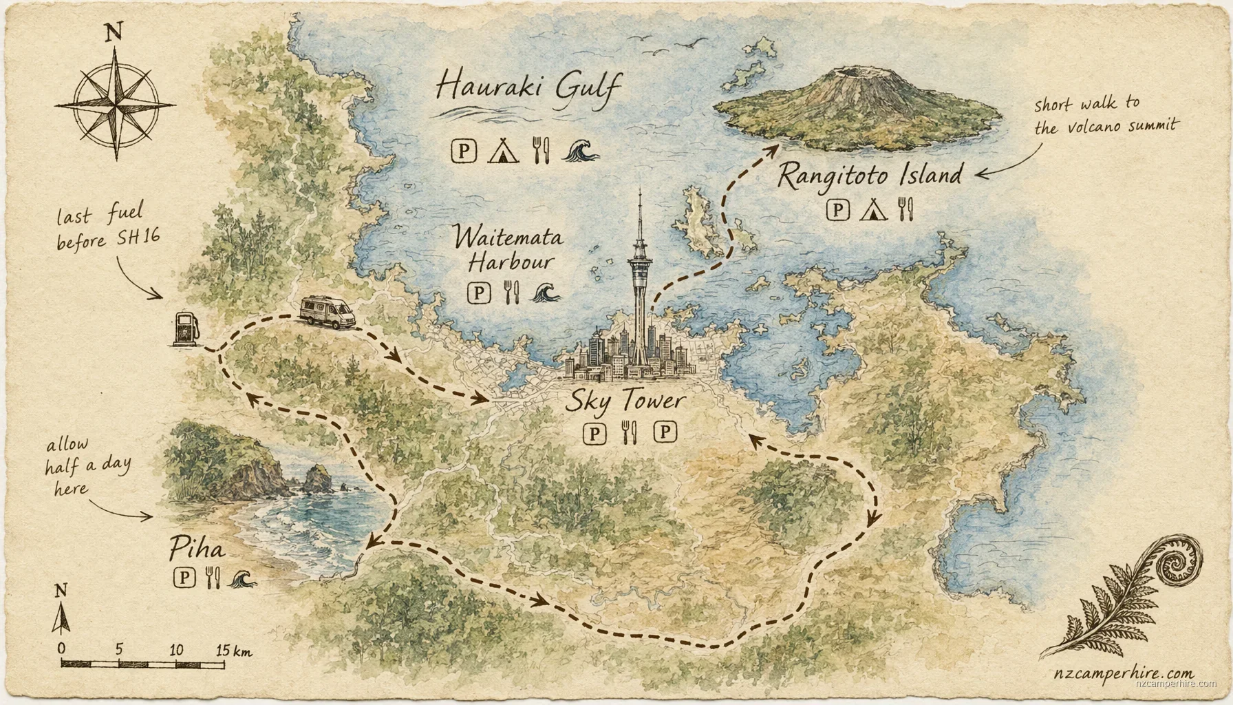 Hand-drawn map of first night after pickup in Auckland
