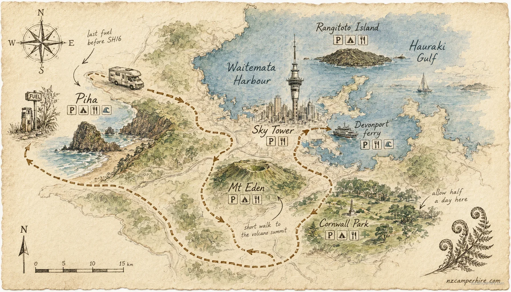 Hand-drawn map of things to do in Auckland