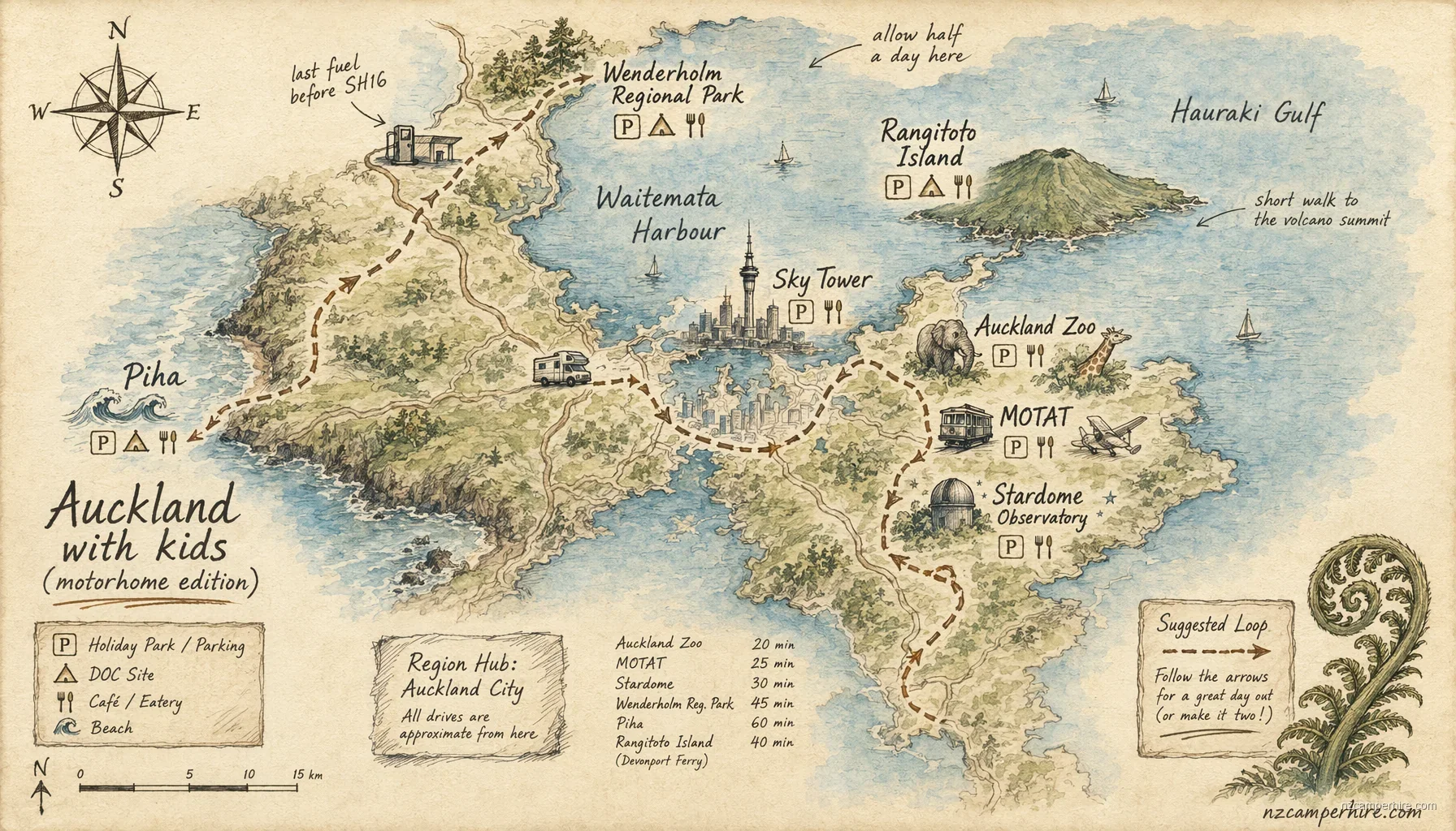 Hand-drawn map of with kids in Auckland