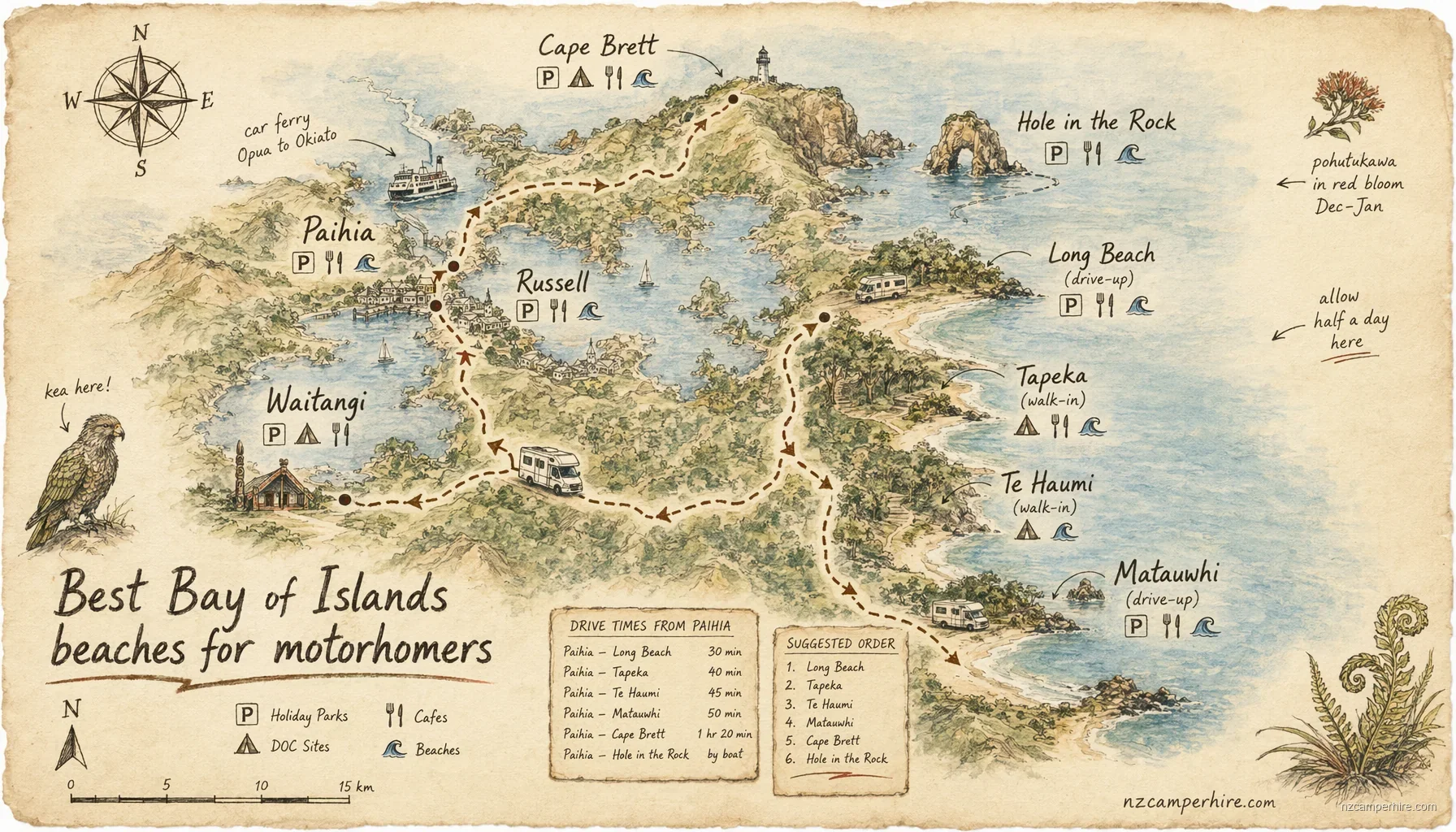 Hand-drawn map of best beaches in Bay of Islands
