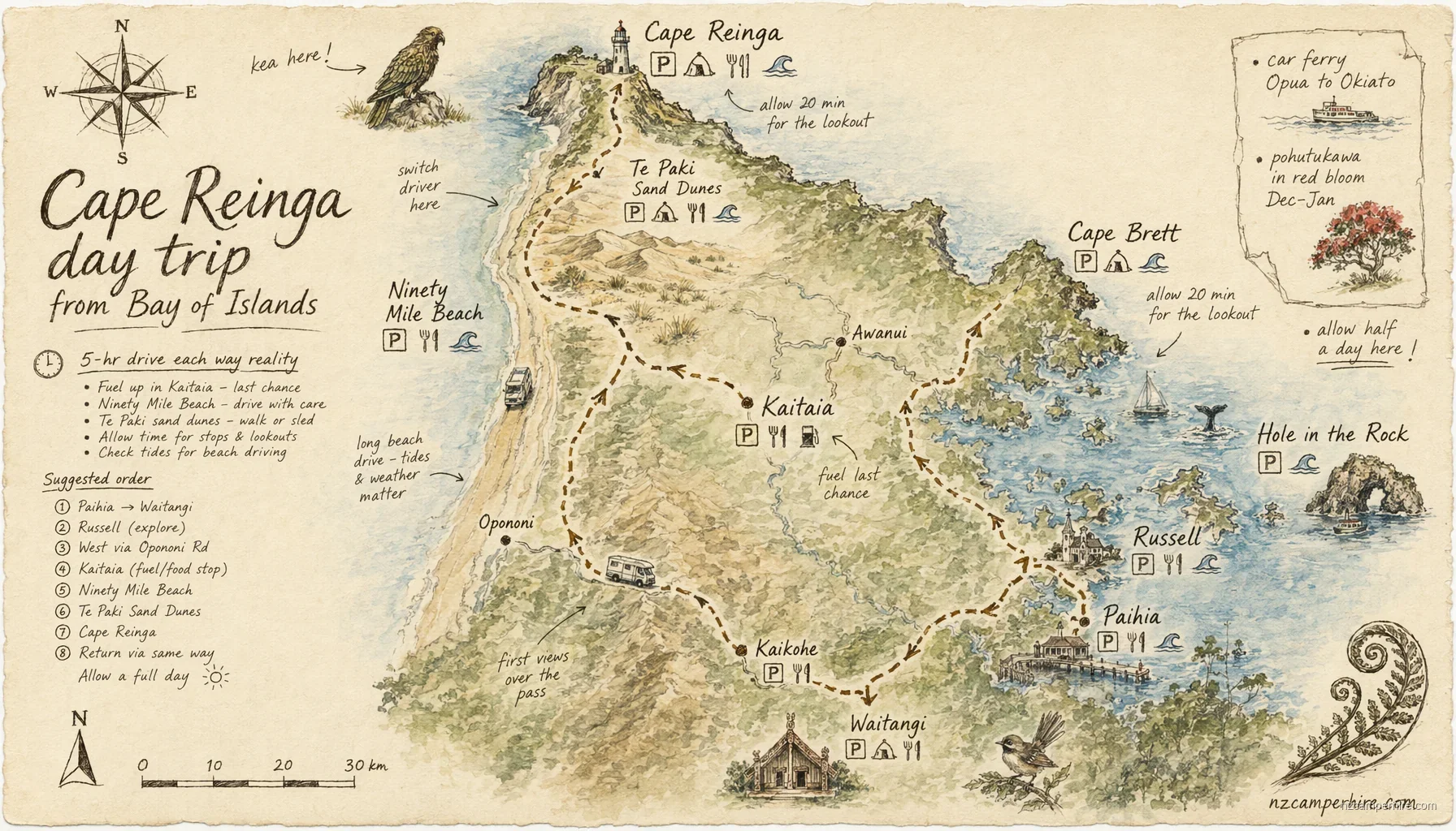 Hand-drawn map of cape reinga day trip in Bay of Islands