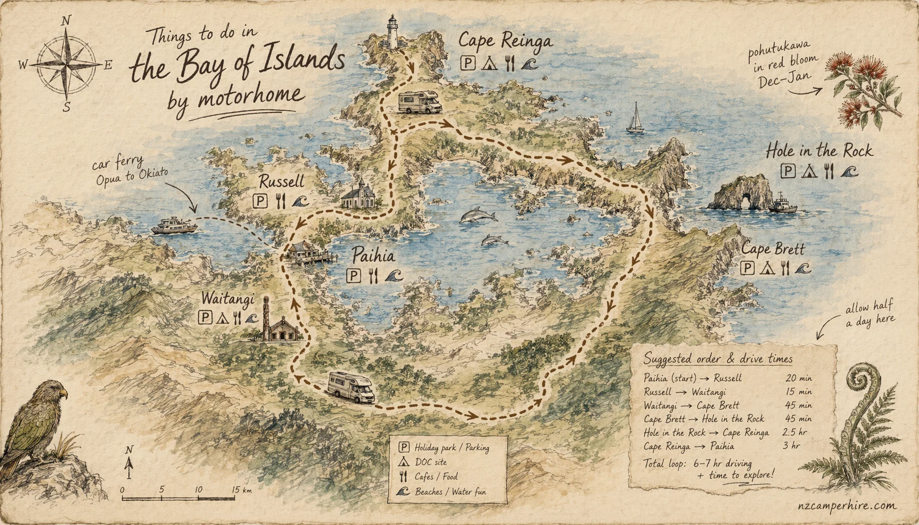 Hand-drawn map of things to do in Bay of Islands