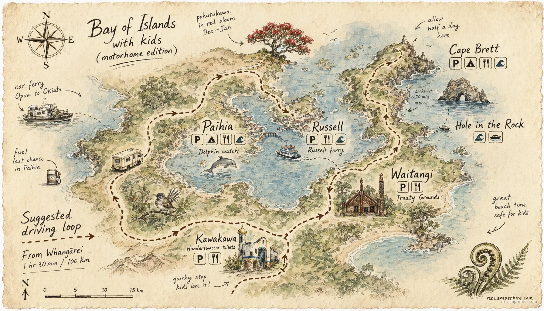 Hand-drawn map of with kids in Bay of Islands