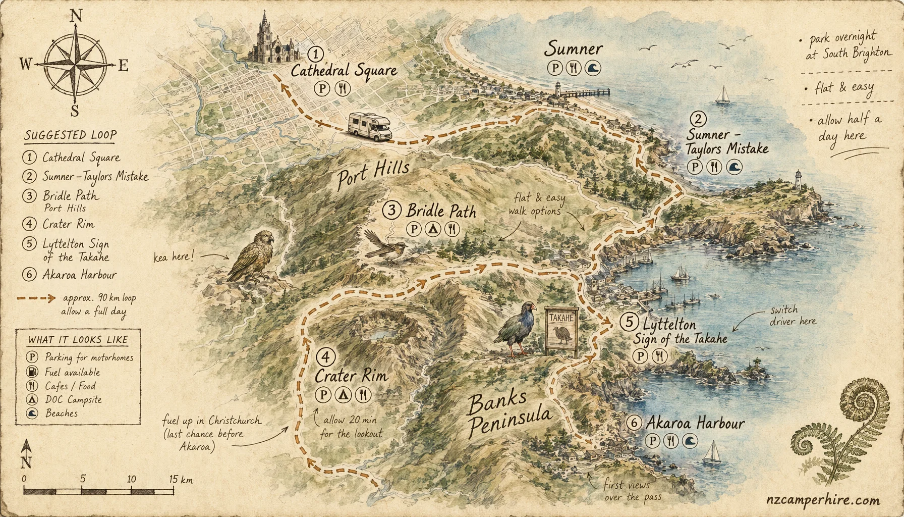 Hand-drawn map of best walks in Christchurch