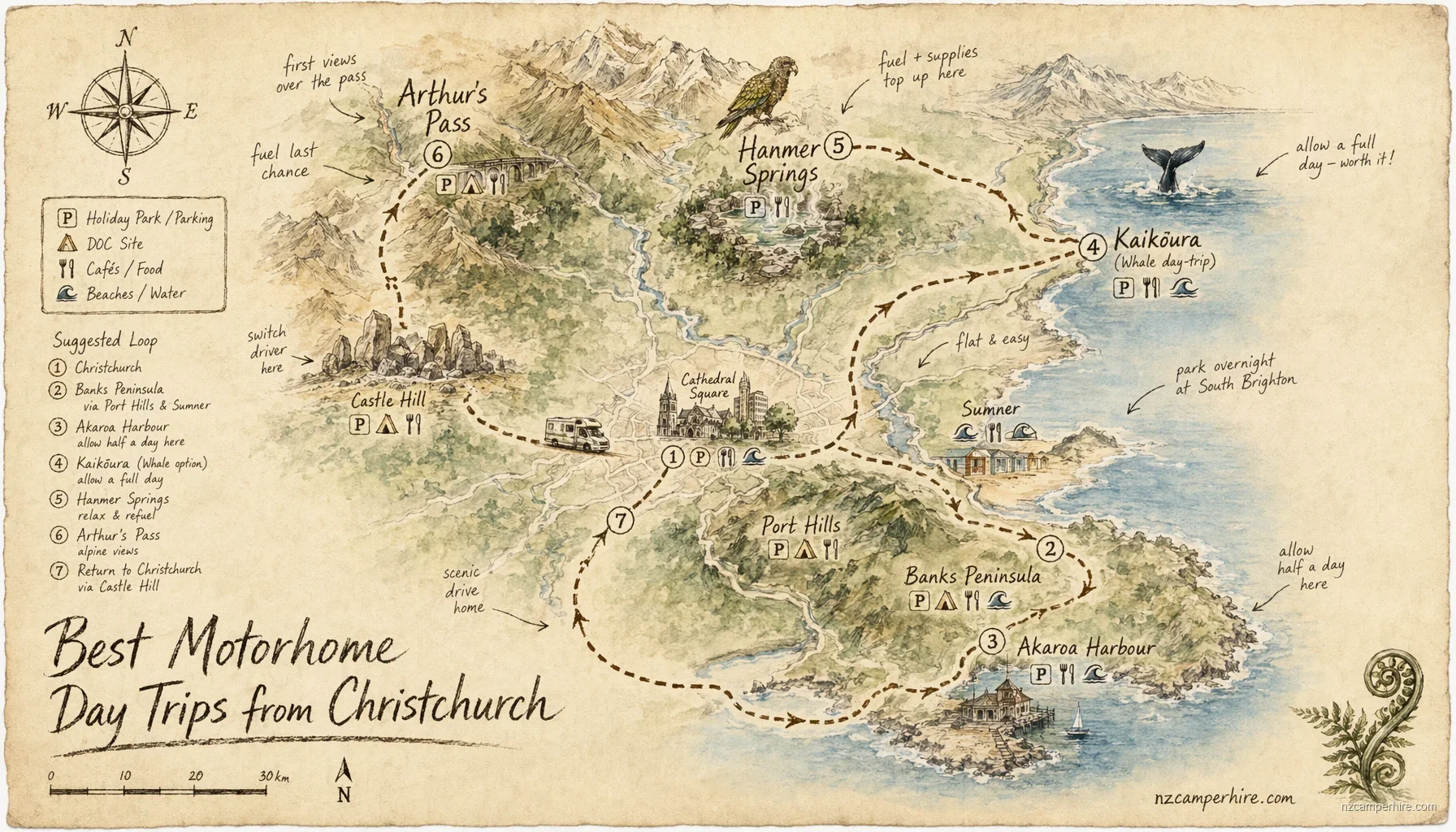 Hand-drawn map of day trips in Christchurch