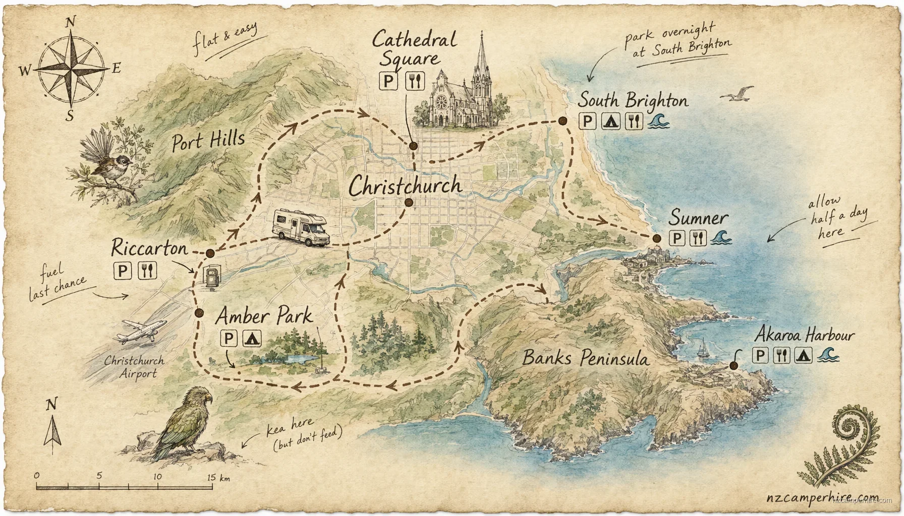 Hand-drawn map of first night after pickup in Christchurch
