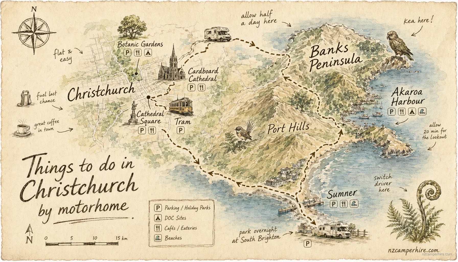 Hand-drawn map of things to do in Christchurch
