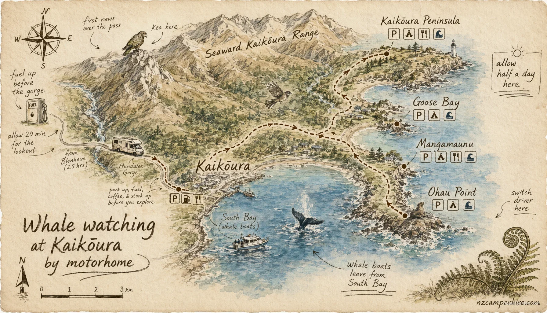 Hand-drawn map of whale watching day in Kaikoura