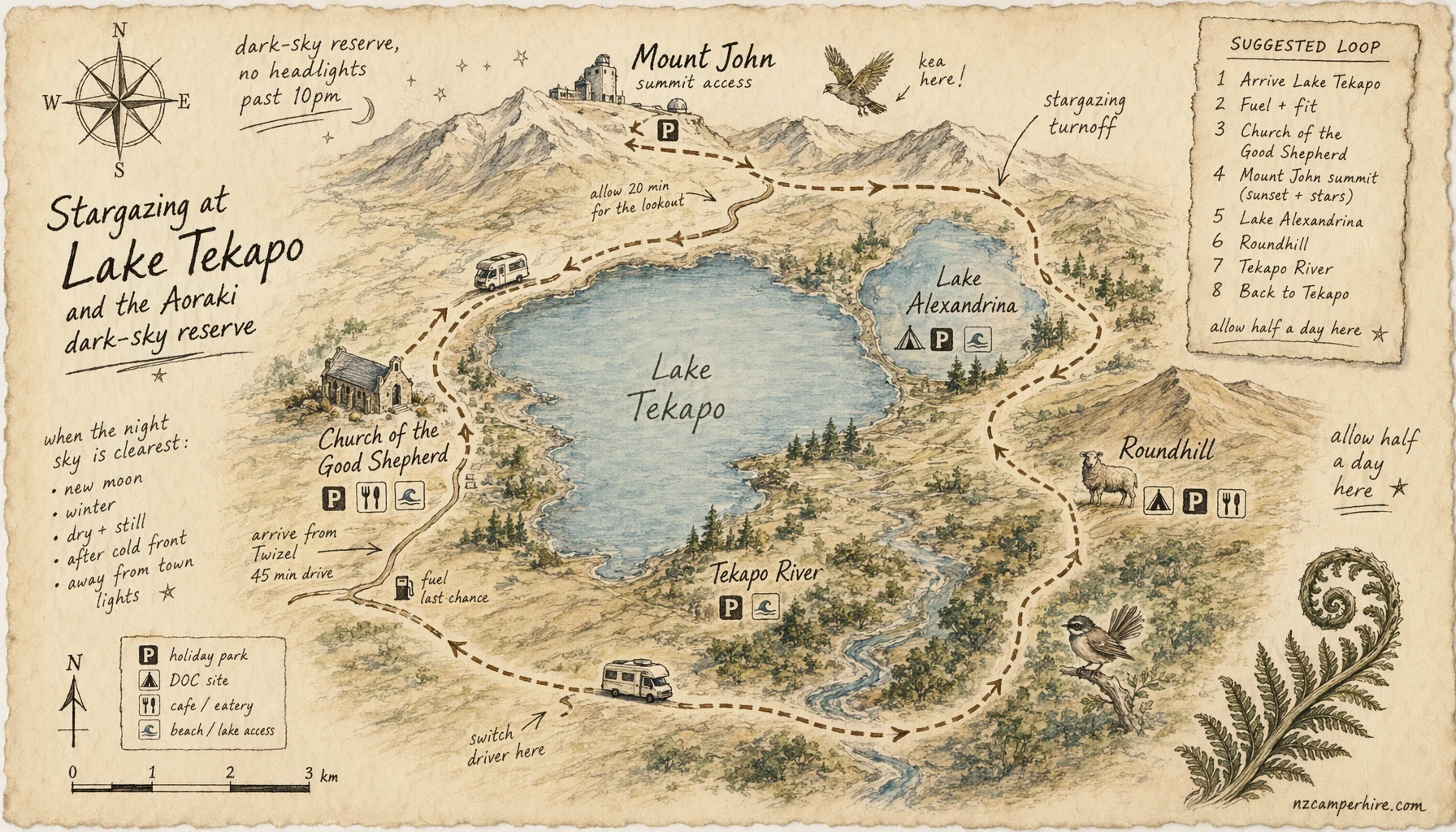 Hand-drawn map of stargazing dark sky in Lake Tekapo