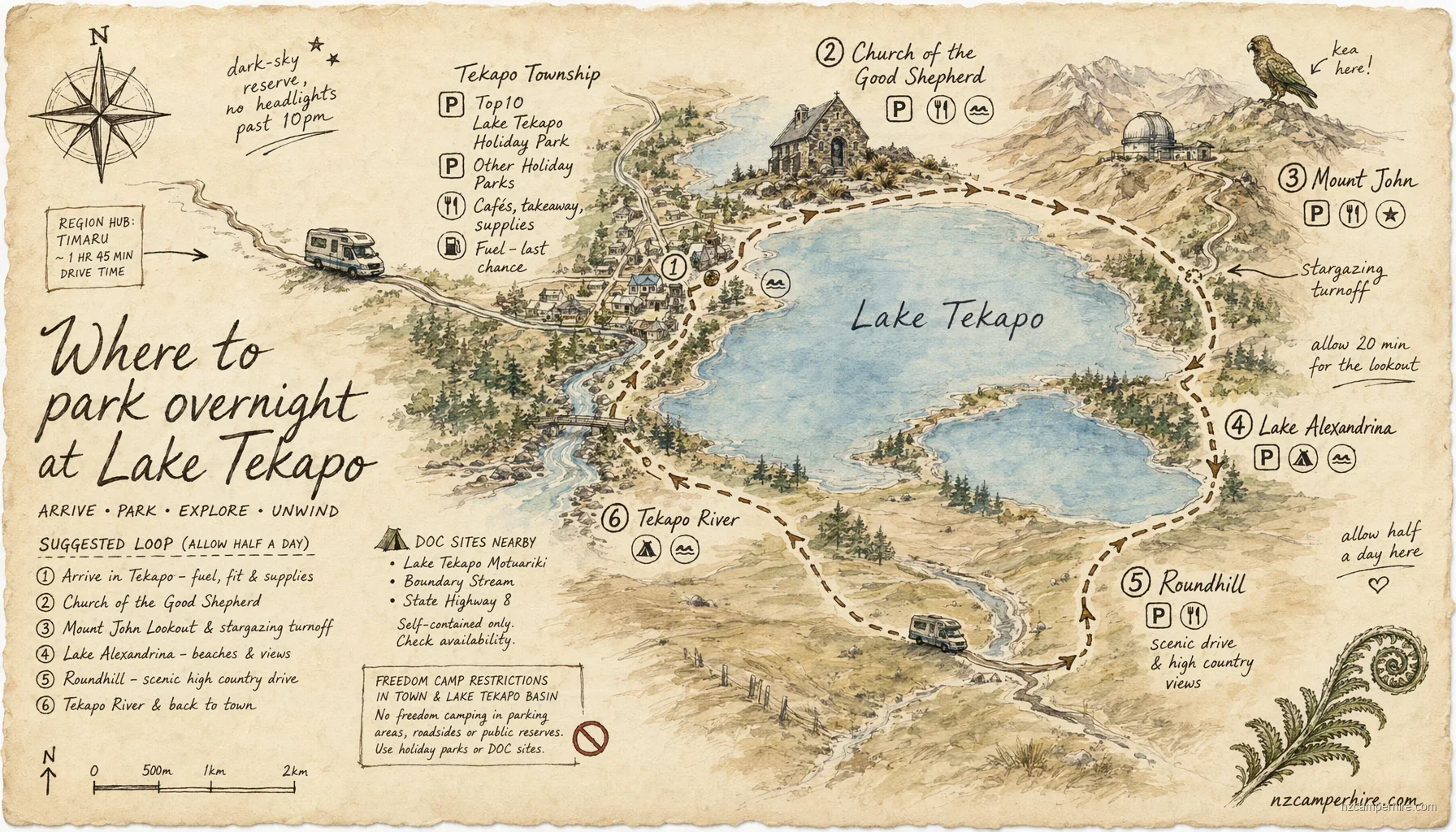 Hand-drawn map of where to park overnight in Lake Tekapo