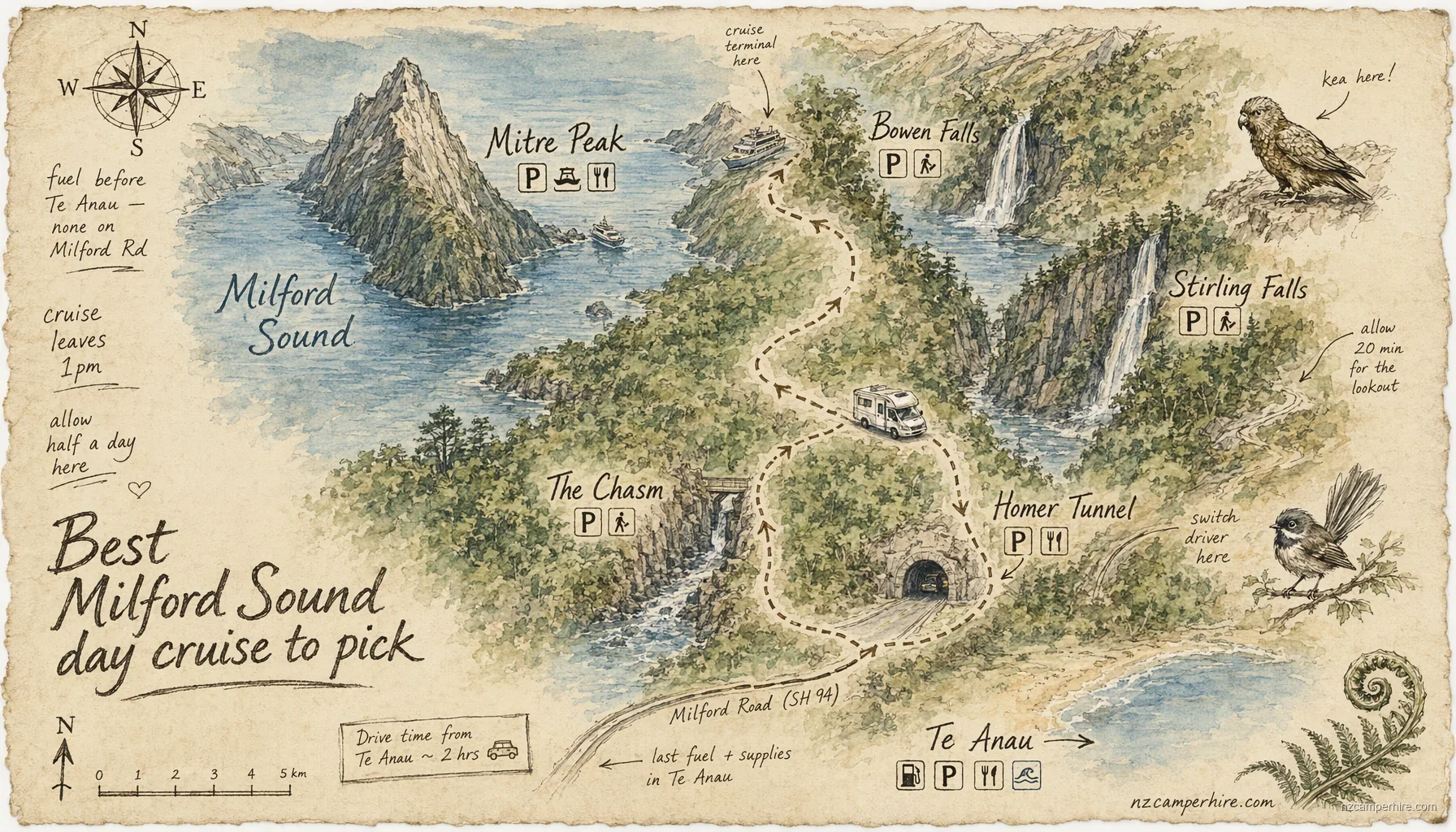 Hand-drawn map of best day cruise pick in Milford Sound